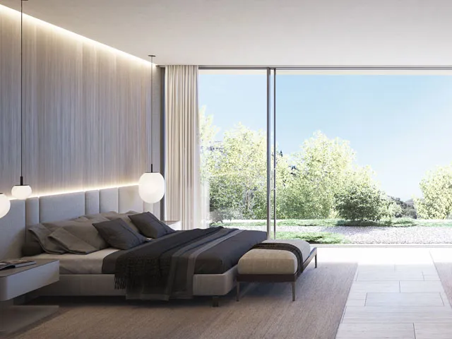 Southwest-facing pool terrace of Villa Kensho architectural proposal