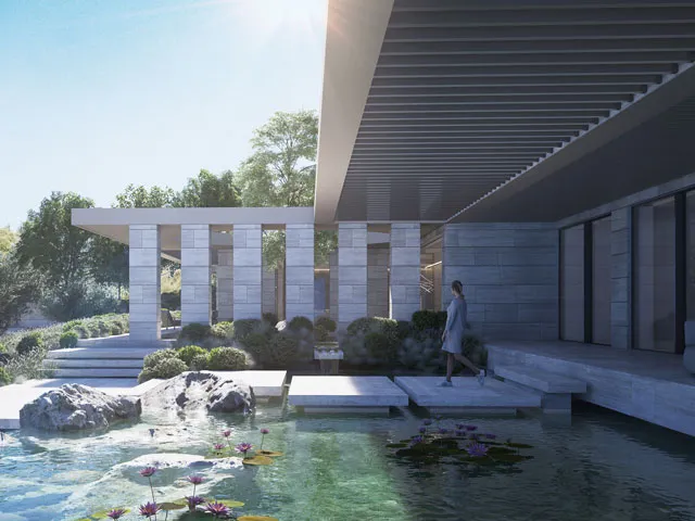 Living area with full-height glass frontage overlooking landscape