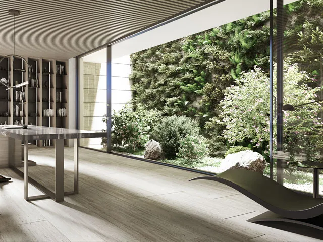 Minimalist interior lounge with natural materials and soft lighting