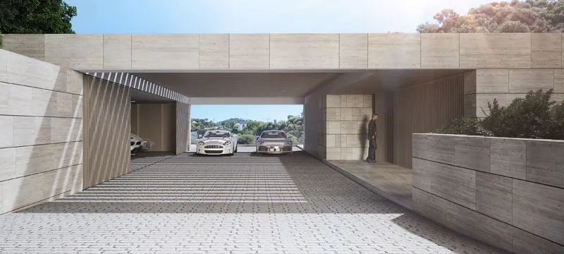 Primary bedroom suite with panoramic glazing and terrace access